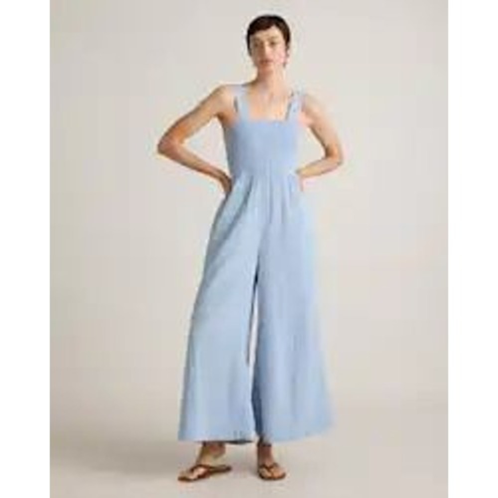 Quince Organic Cotton Gauze Smocked Wide Leg Jumpsuit In Ocean Breeze Size L NWT